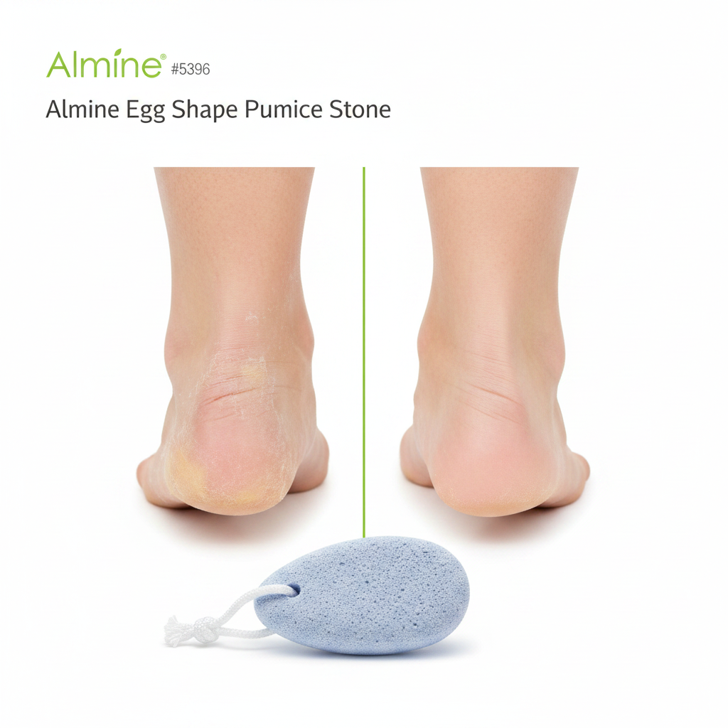 Side-by-side comparison of a heel before and after using a white egg-shaped pumice stone cleaning rough dry skin and showing smooth soft skin after treatment.
