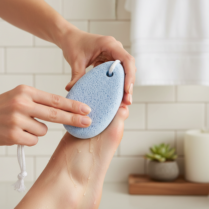 Person using a light blue pumice stone shaped like an egg to exfoliate the heel of their foot in a clean bathroom setting with white tiles and a wooden tray in the background.