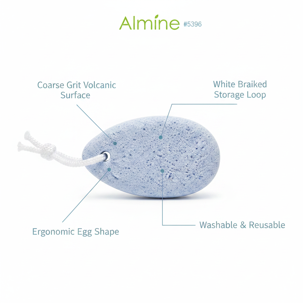 White pumice stone with an ergonomic egg shape, coarse volcanic grit surface, a washable and reusable design, and a white braided loop for easy storage.