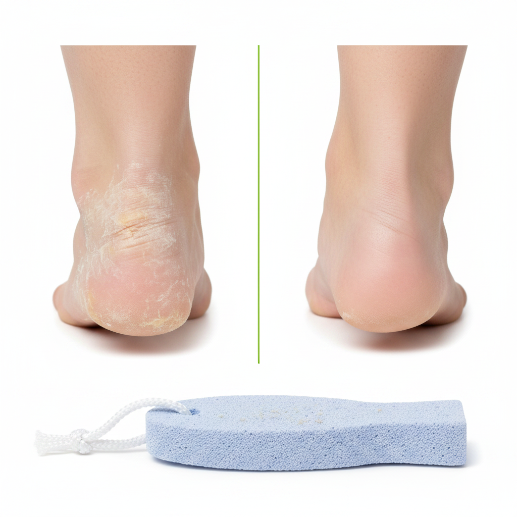 Before and after comparison showing the removal of dry, cracked skin on heels using a blue coarse grit pumice stone shaped like a fish, designed for smooth, healthy feet.