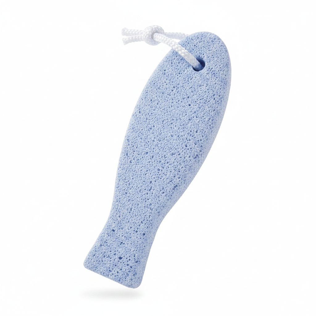 Blue coarse grit pumice stone shaped like a fish with a white hanging loop, designed for exfoliating rough skin.