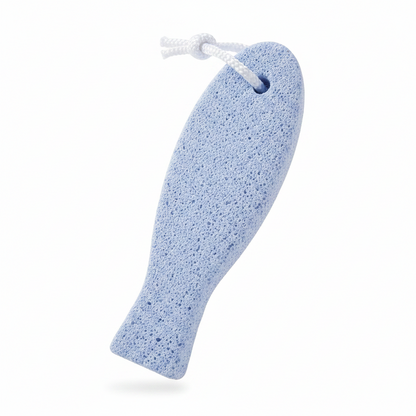 Blue coarse grit pumice stone shaped like a fish with a white hanging loop, designed for exfoliating rough skin.