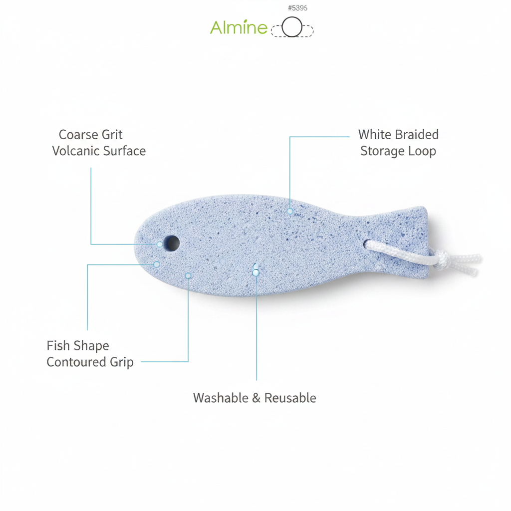 Blue fish-shaped pumice stone with coarse volcanic surface, contoured grip, white braided storage loop, shown with labeled features, washable and reusable design.