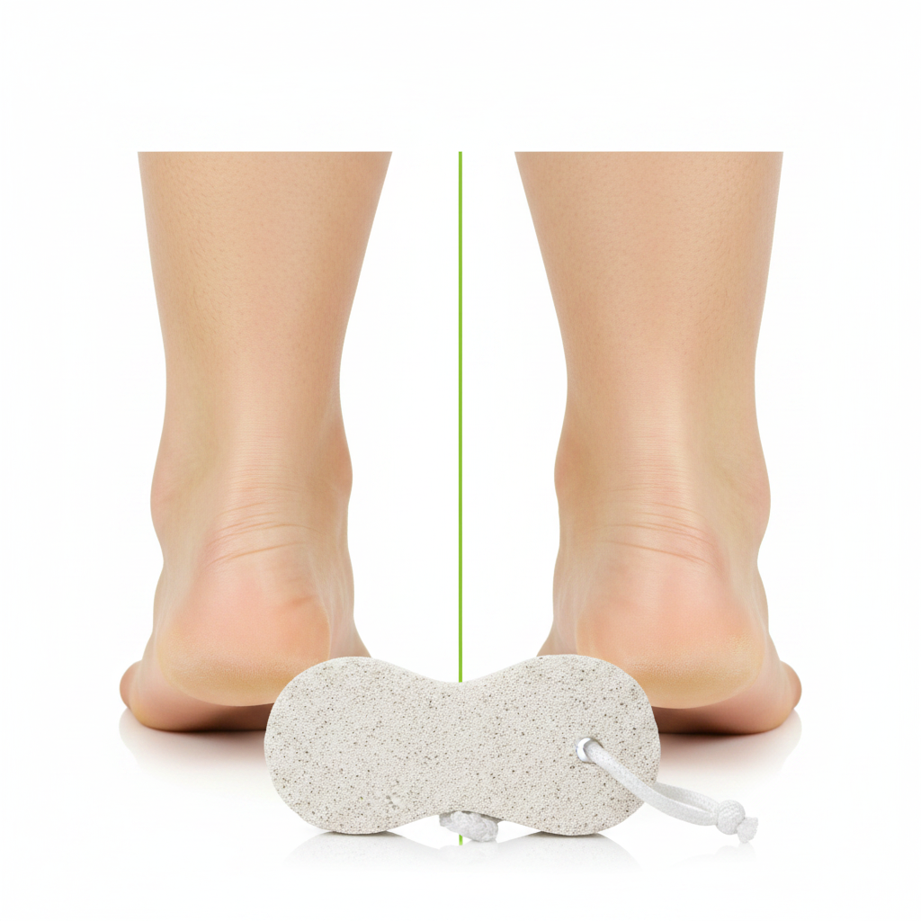 Close-up of bare heels showing smooth skin after using a white peanut-shaped pumice stone with a rope for easy handling, promoting professional beauty care results.