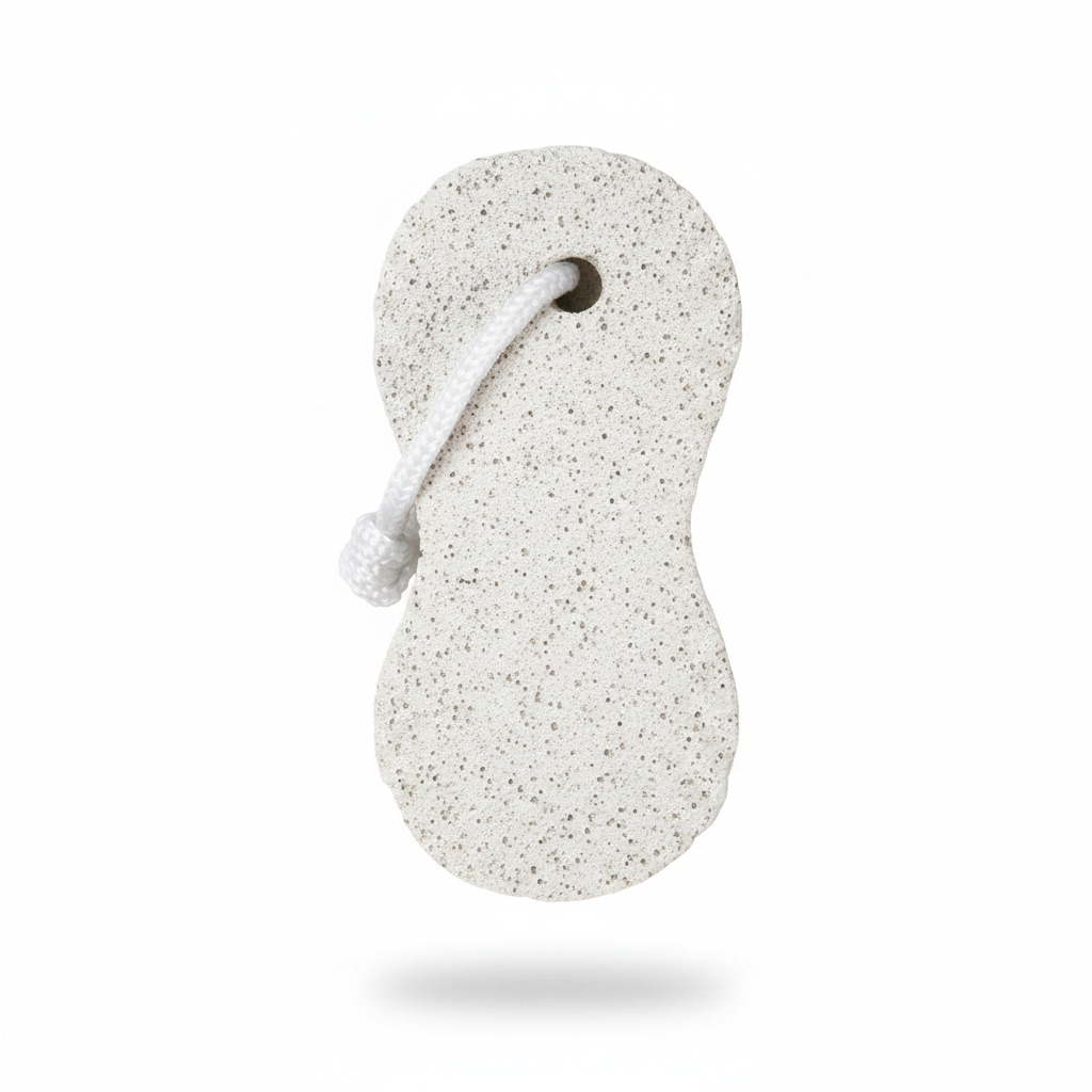 White peanut-shaped pumice stone with standard grit and attached rope loop, designed for exfoliating and smoothing skin.