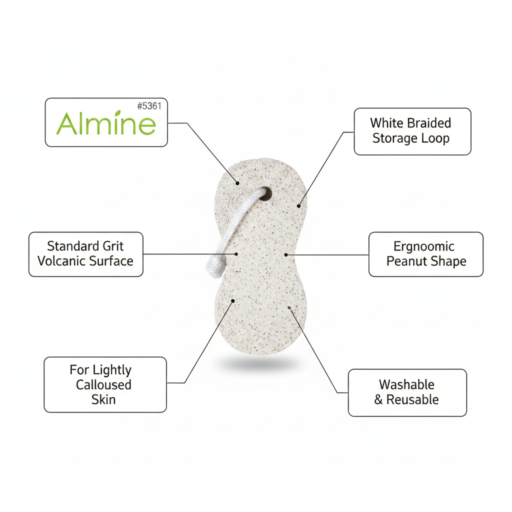 Ergonomically shaped white pumice stone with standard grit volcanic surface, featuring a braided storage loop, designed for lightly calloused skin, washable and reusable.