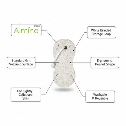 Ergonomically shaped white pumice stone with standard grit volcanic surface, featuring a braided storage loop, designed for lightly calloused skin, washable and reusable.