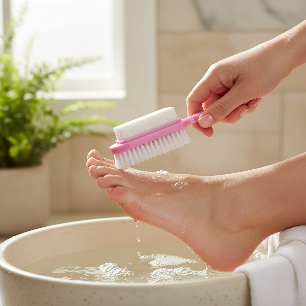 Close-up of a person using a pumice stone with a pink brush handle to exfoliate the heel of a foot over a water basin, highlighting gentle foot care.
