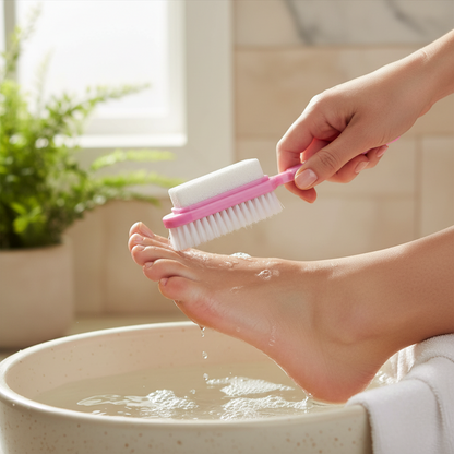 Close-up of a person using a pumice stone with a pink brush handle to exfoliate the heel of a foot over a water basin, highlighting gentle foot care.
