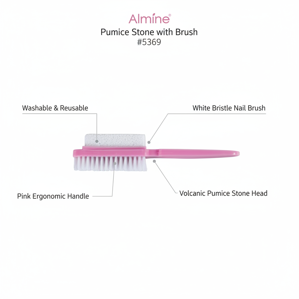 Pink-handled pumice stone with volcanic stone head and white bristle nail brush, designed for washable and reusable use with ergonomic grip.