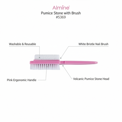 Pink-handled pumice stone with volcanic stone head and white bristle nail brush, designed for washable and reusable use with ergonomic grip.