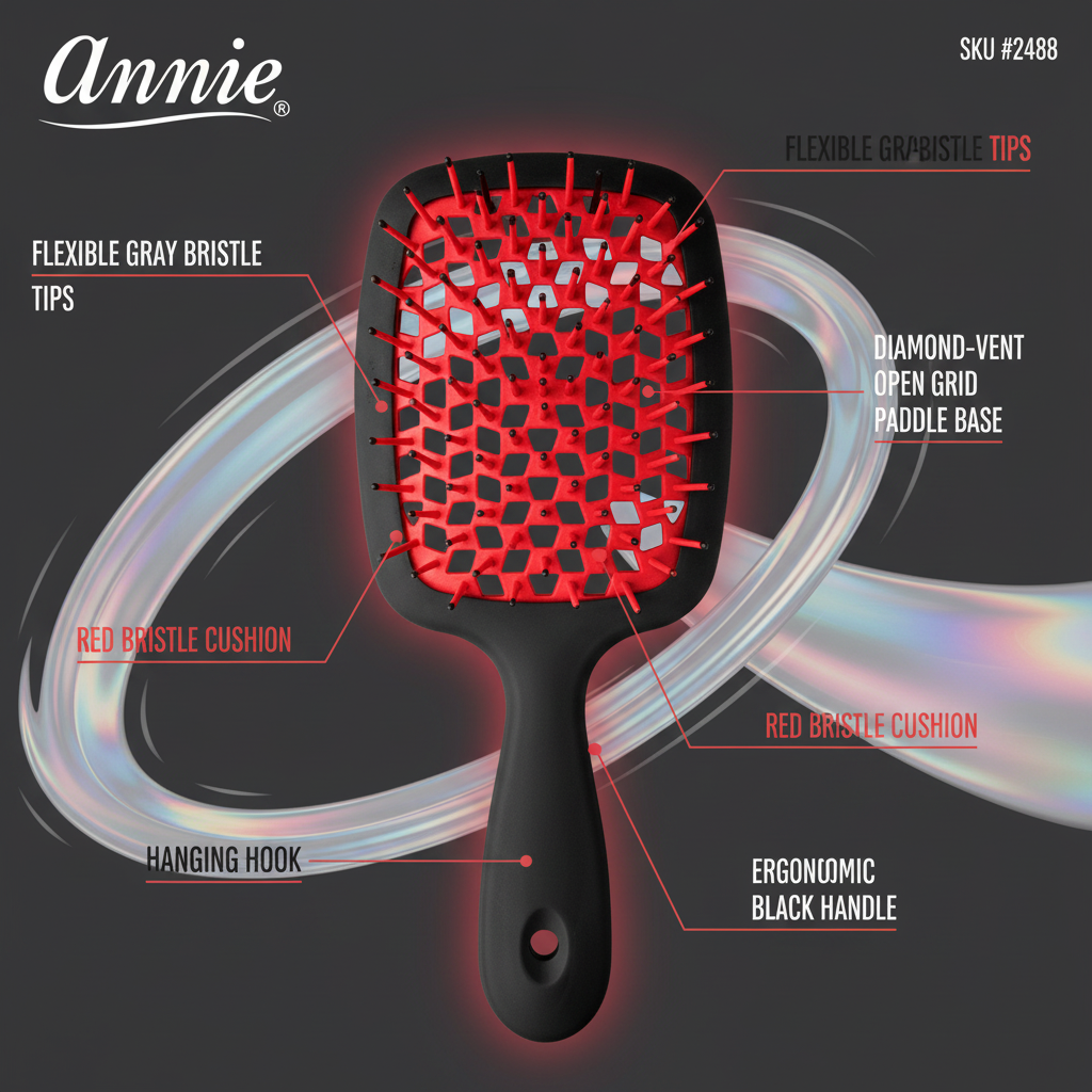 Black paddle detangling brush with an ergonomic handle, flexible gray and red bristle tips, a red cushioned base, diamond-vent open grid design, and hanging hook for textured hair care.