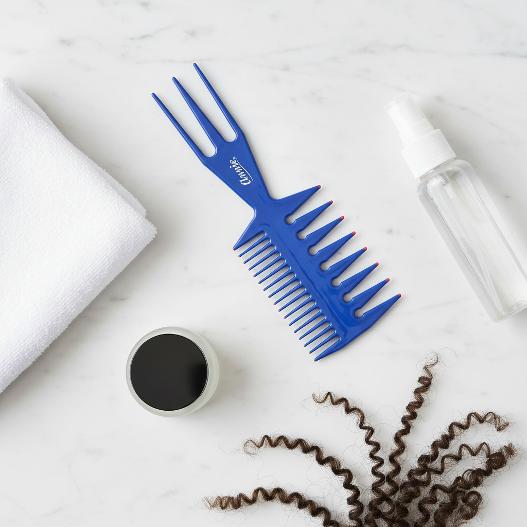 Blue large 3-in-1 comb designed for textured hair with wide and narrow teeth for detangling and styling, placed alongside a white towel, hair product jar, spray bottle, and curly hair strand.