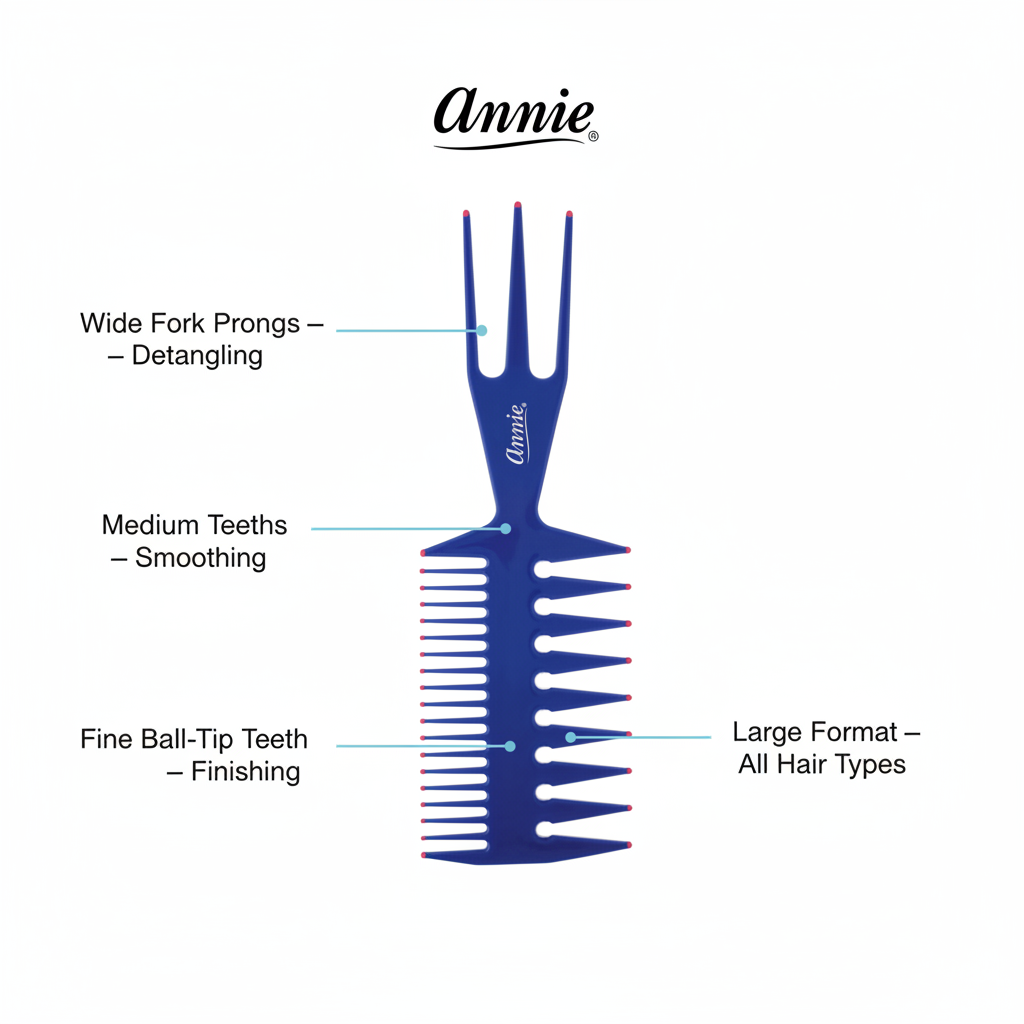 Blue multi-functional comb with wide fork prongs for detangling, medium teeth for smoothing, and fine ball-tip teeth for finishing, designed for all hair types.