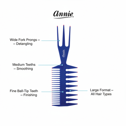 Blue multi-functional comb with wide fork prongs for detangling, medium teeth for smoothing, and fine ball-tip teeth for finishing, designed for all hair types.