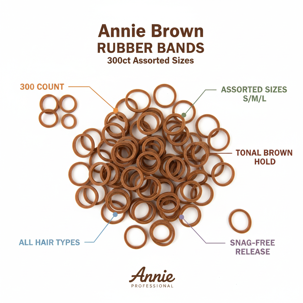 Annie Hair Rubber Bands Assorted Sizes, 300 Count, Brown showing a pile of brown elastic bands in small, medium, and large sizes designed for all hair types with tonal hold and snag-free release.