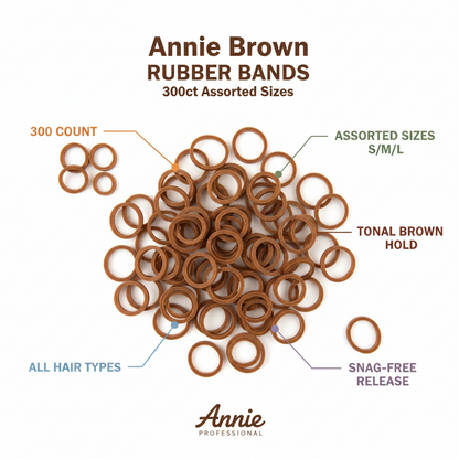 Annie Hair Rubber Bands Assorted Sizes, 300 Count, Brown showing a pile of brown elastic bands in small, medium, and large sizes designed for all hair types with tonal hold and snag-free release.