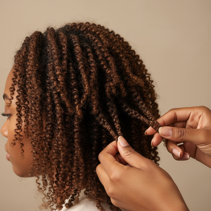 A stylist’s hands sectioning tightly coiled natural hair in rich brown tones demonstrating a textured protective style using Annie Hair Rubber Bands Assorted Sizes, 300 Count, Brown.