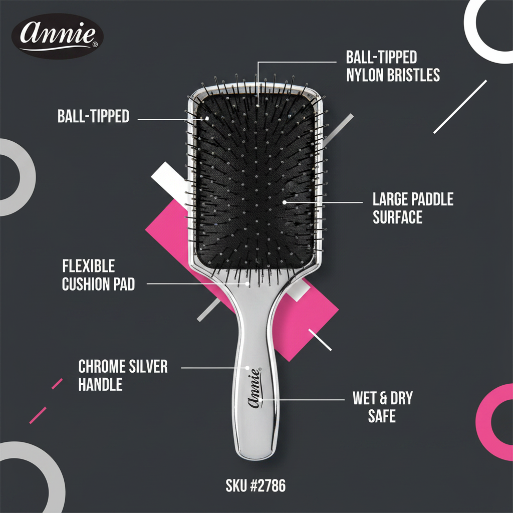 Cepillo de paleta Annie Wet & Dry Cushion con cerdas de nylon, 1 unidad, plateado