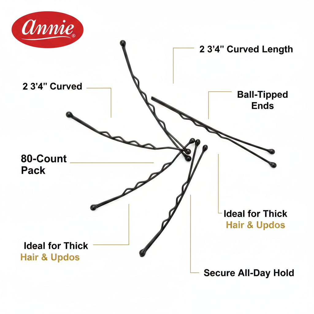 Annie Curved Jumbo Pins 2 3/4 Inch, 80 Count, Black shown with key features including secure ball-tipped ends, curved design, and firm hold for thick hair and updos.
