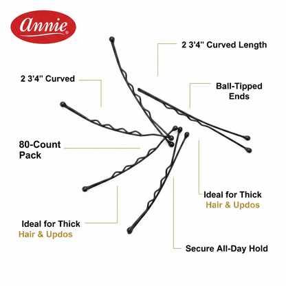 Annie Curved Jumbo Pins 2 3/4 Inch, 80 Count, Black shown with key features including secure ball-tipped ends, curved design, and firm hold for thick hair and updos.
