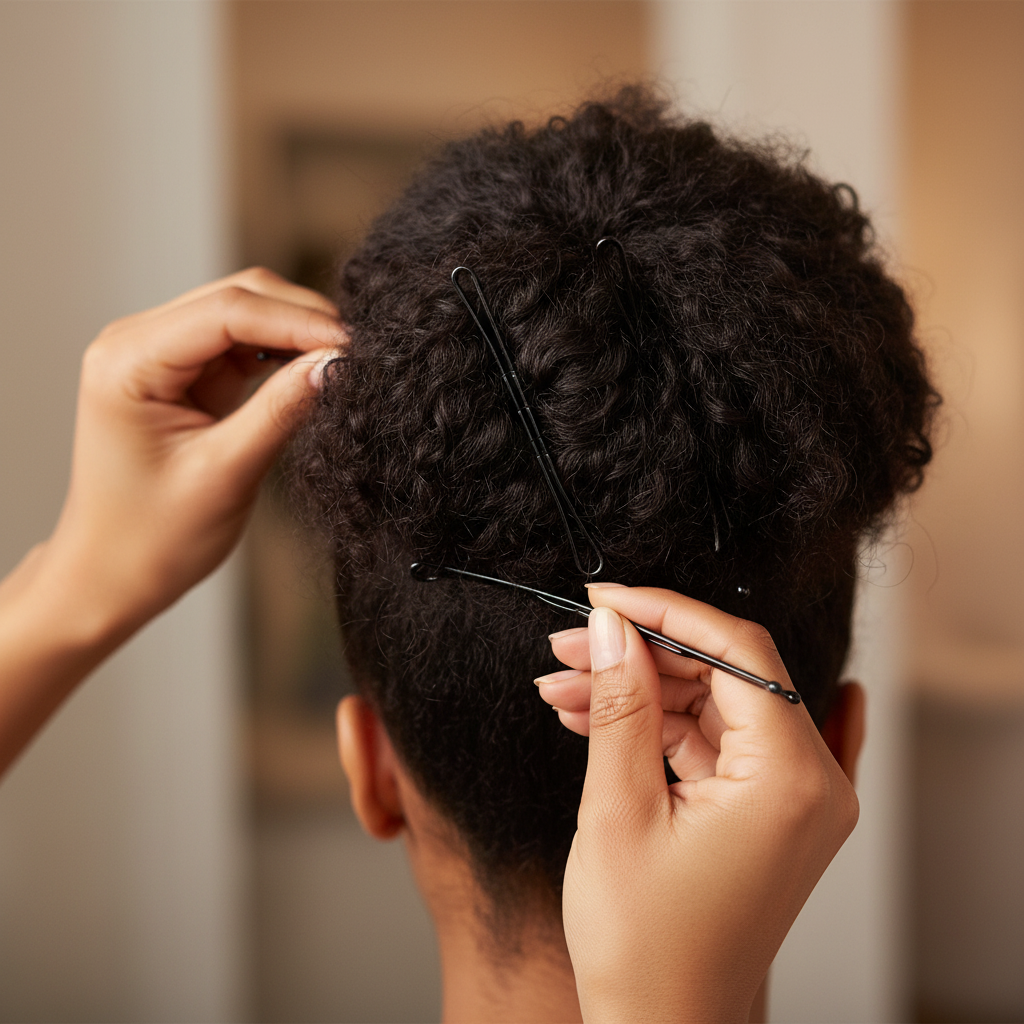 A close-up showing hands securing a natural textured updo using Annie Curved Jumbo Pins 2 3/4 Inch, 80 Count, Black for a firm, professional hold ideal for textured and natural hair.