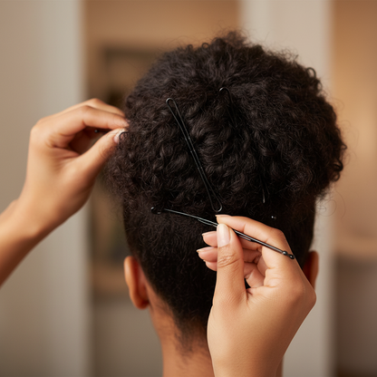 A close-up showing hands securing a natural textured updo using Annie Curved Jumbo Pins 2 3/4 Inch, 80 Count, Black for a firm, professional hold ideal for textured and natural hair.