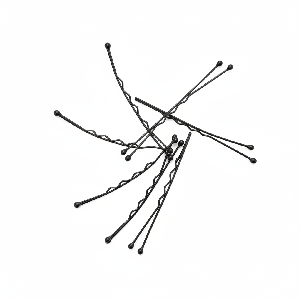 Annie Curved Jumbo Pins 2 3/4 Inch, 80 Count, Black arranged on a white surface showcasing curved metal pins with rounded tips designed for secure, professional hairstyling.