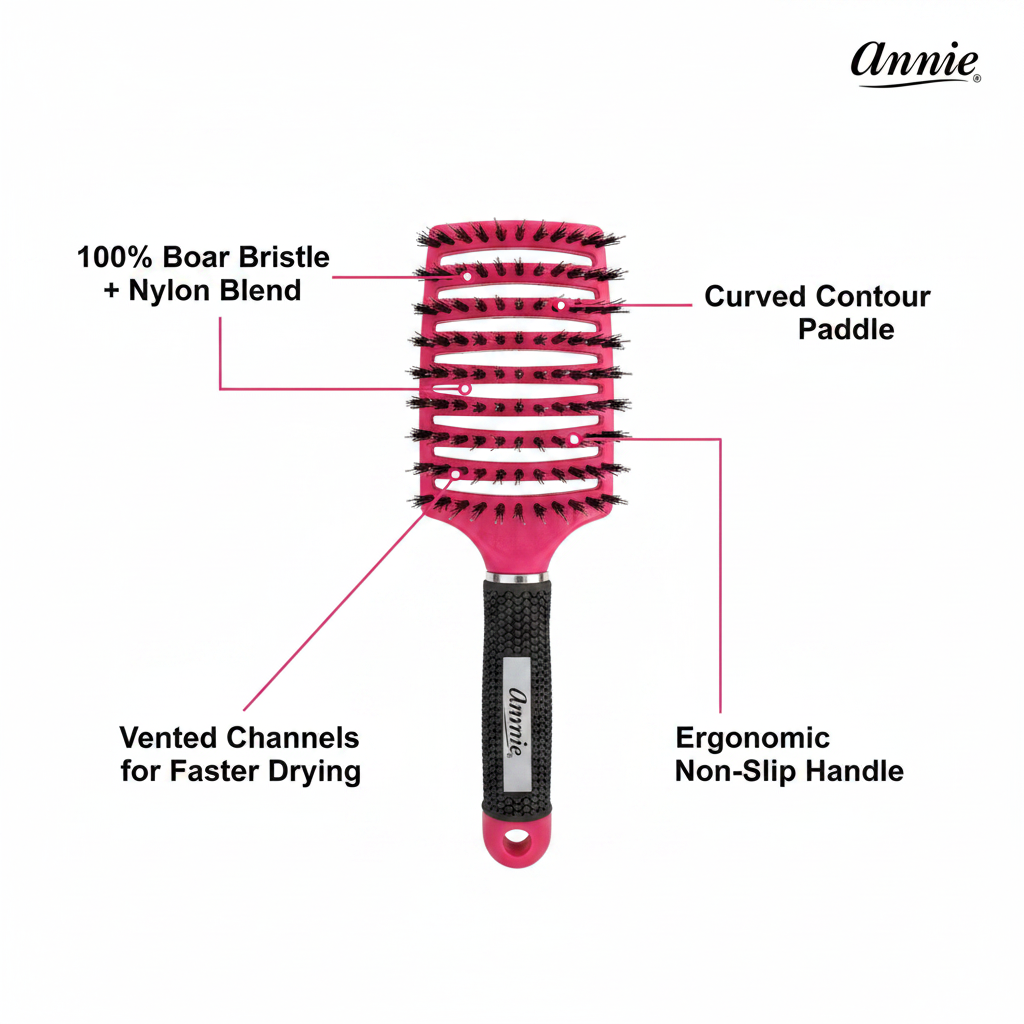 Annie Curved Vent Brush with 100% Boar Bristles, 1 Count, Magenta