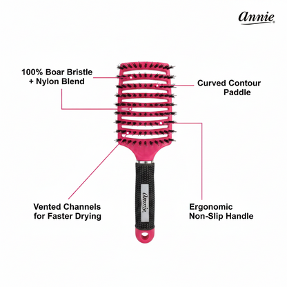 Annie Curved Vent Brush with 100% Boar Bristles, 1 Count, Magenta
