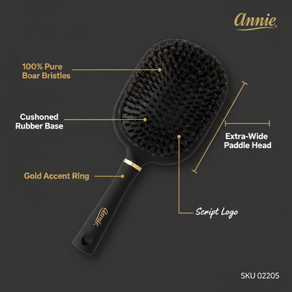 Annie Deluxe Paddle Brush 100% Boar Bristle, 1 Count, Black