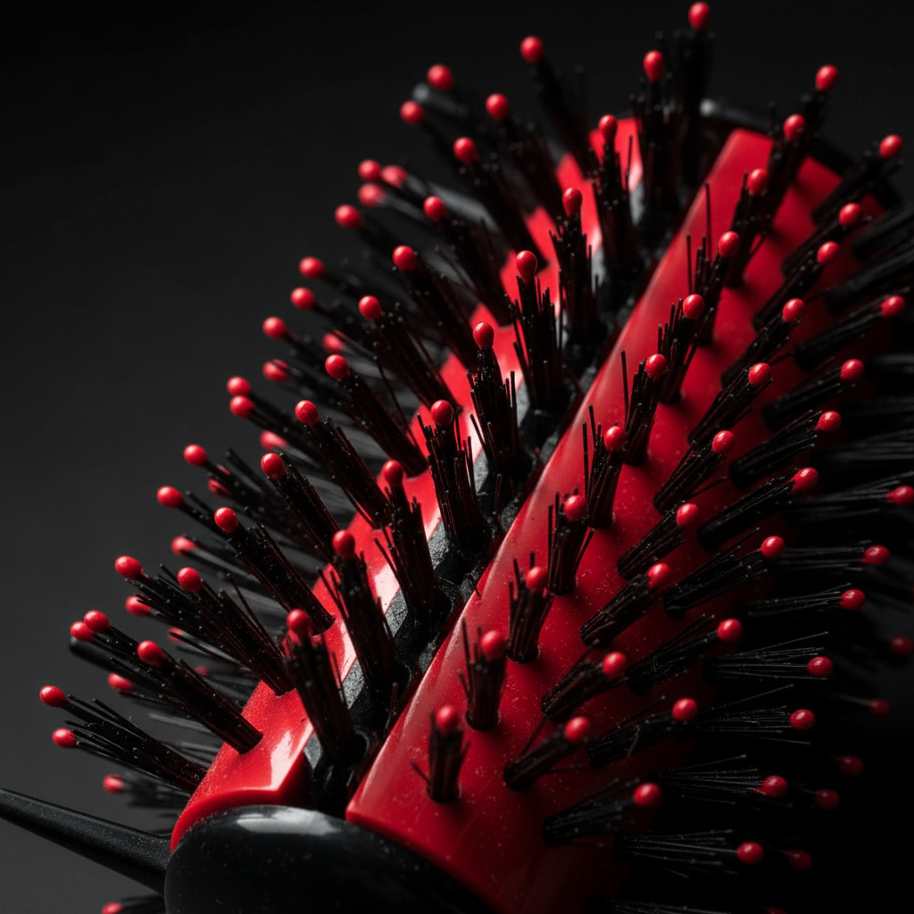 Close-up of a red and black styling brush with reinforced bristles featuring rounded tips, designed for gentle detangling and defining textured, natural hair.