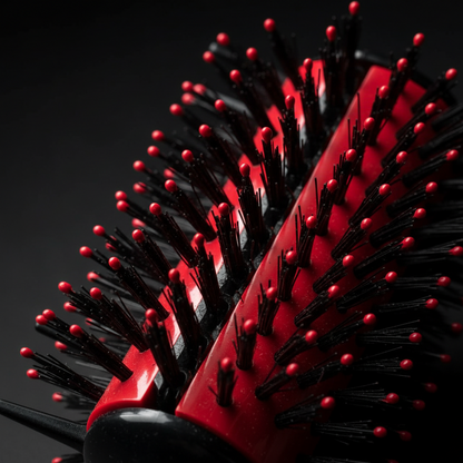 Close-up of a red and black styling brush with reinforced bristles featuring rounded tips, designed for gentle detangling and defining textured, natural hair.