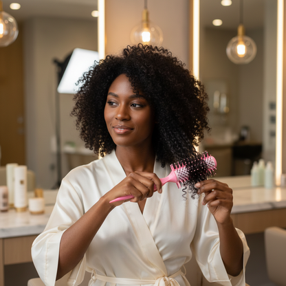 Woman in white robe using a pink round brush with extra thick bristles to style and define natural textured curls in a well-lit modern bathroom setting.