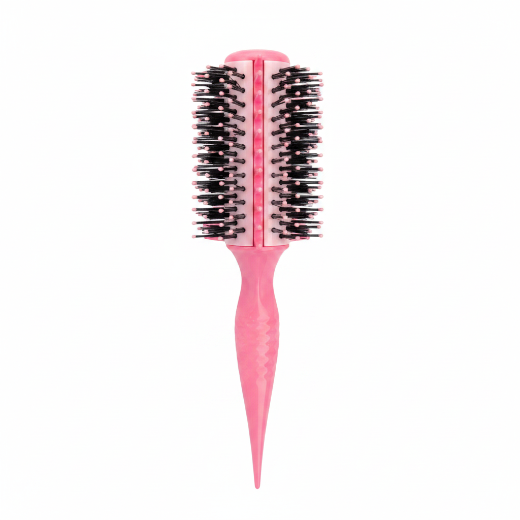Pink styling brush with extra thick black bristles and pointed tail handle designed for easy sectioning and defining textured, natural hair by Annie International.