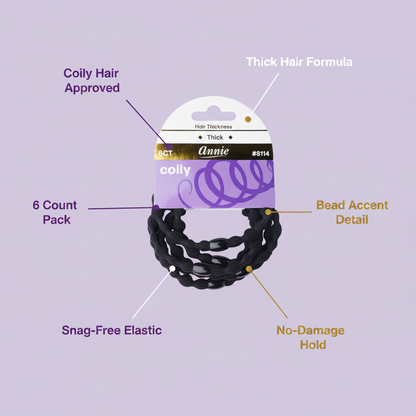 Six-pack of black elastic hair ties with bead accents, engineered for thick, coily hair textures, offering a snag-free, no-damage hold designed by Annie International.