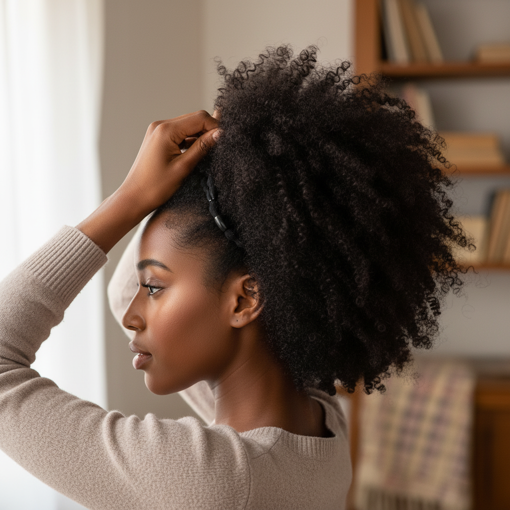 Profile view of a woman with textured natural hair styled in a high puff secured with a black beaded elastic hair tie designed for a firm, snag-free hold on multicultural hair.