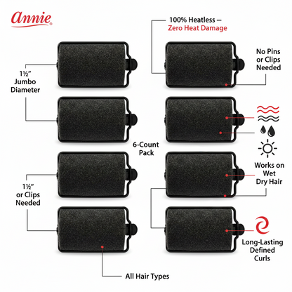 Annie Foam Hair Rollers 1 1/2 Inch Jumbo, 6 Count, Black