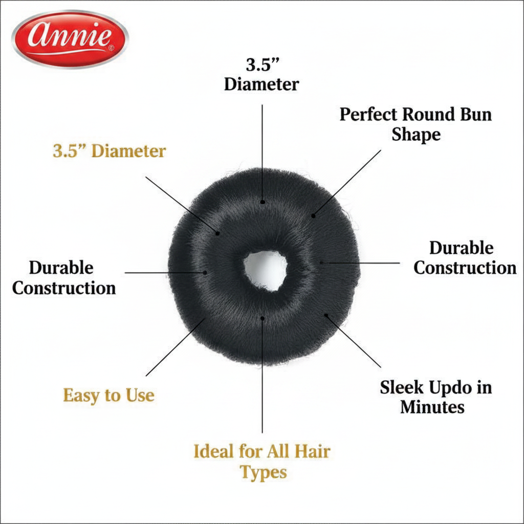 Annie Hair Bun Donut 3.5 Inch, 1 Count, Black showcasing a sleek, round bun accessory designed with durable construction, easy use, and suitable for all hair types to create polished updos quickly.