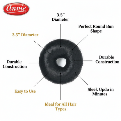 Annie Hair Bun Donut 3.5 Inch, 1 Count, Black showcasing a sleek, round bun accessory designed with durable construction, easy use, and suitable for all hair types to create polished updos quickly.