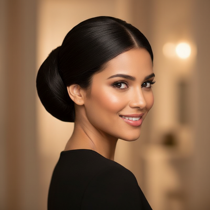 A woman with sleek, smooth hair styled into a polished bun using Annie Hair Bun Donut 3.5 Inch, 1 Count, Black, showcasing a neat, professional updo perfect for formal occasions.