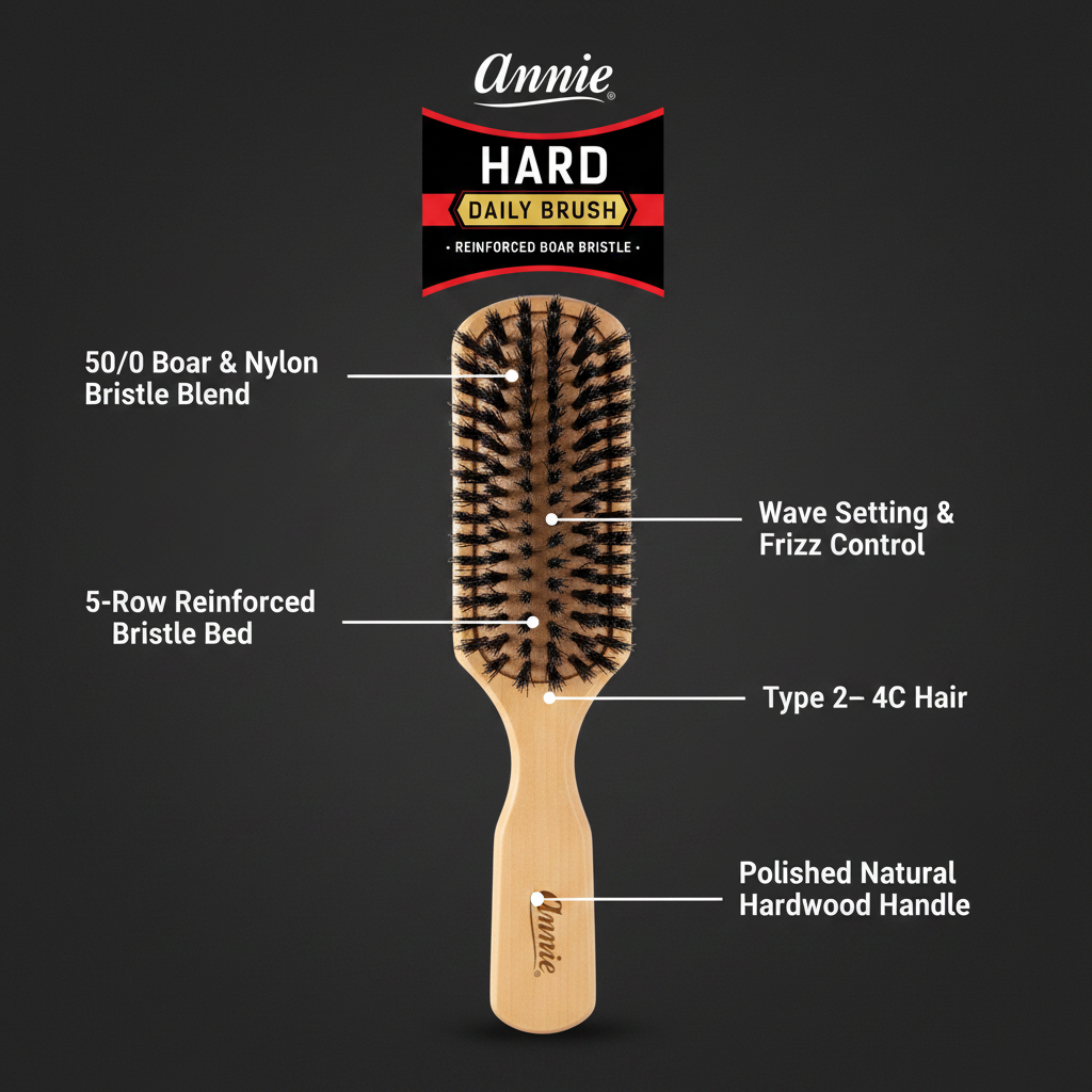Annie Hard Cepillo de Madera de 5 Hileras, Cerdas de Jabalí y Nylon, Marrón Claro
