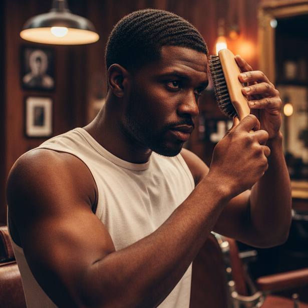 A man in a white tank top stands in a dimly lit barbershop, holding a wooden hairbrush near his face. The background features warm amber lighting, mirrors, and leather barber chairs.
