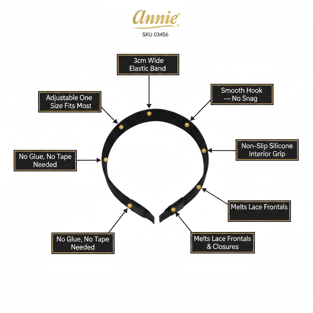 Annie Hook Cinta Elástica para Peluca 1 1/8 Pulgadas, 1 Unidad, Negro