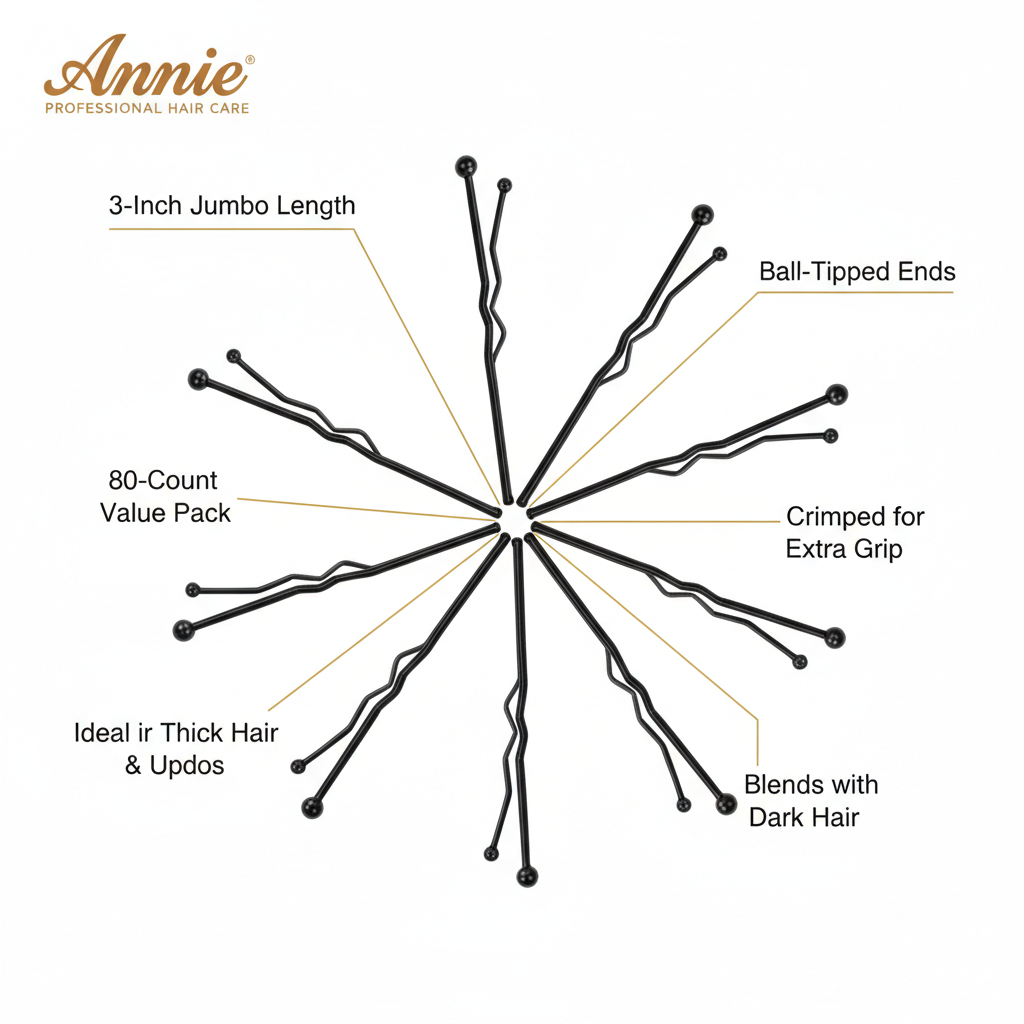 Annie Jumbo Bob Pin 3 Inch, 80 Count, Black arranged in a circle highlighting features like jumbo length, ball-tipped ends, extra grip crimps, and suitability for thick or dark hair.