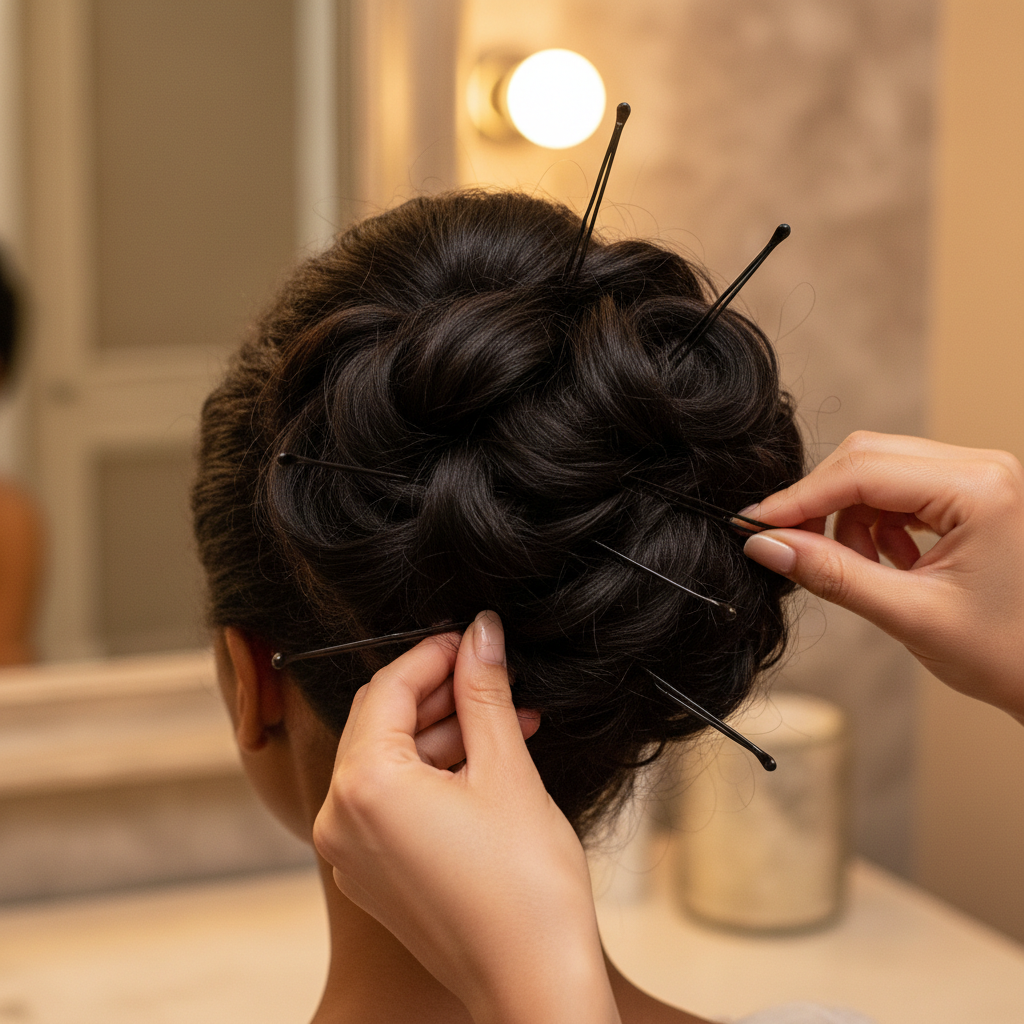 Annie Jumbo Bob Pin 3 Inch, 80 Count, Black securing an elegant updo, showcasing sturdy metal pins with rounded ends for a secure, comfortable hold in thick hair.