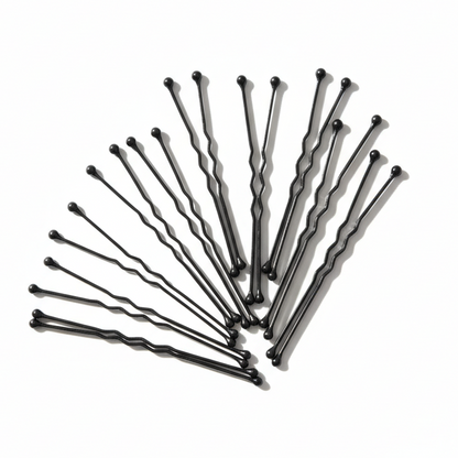 Annie Jumbo Bob Pin 3 Inch, 80 Count, Black displayed fanned out to highlight durable metal construction with rounded tips for secure, comfortable hairstyling and professional results.
