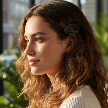 Young woman with loose wavy hair wearing a large black snap clip, styled for a secure hold and fashionable look in natural light.