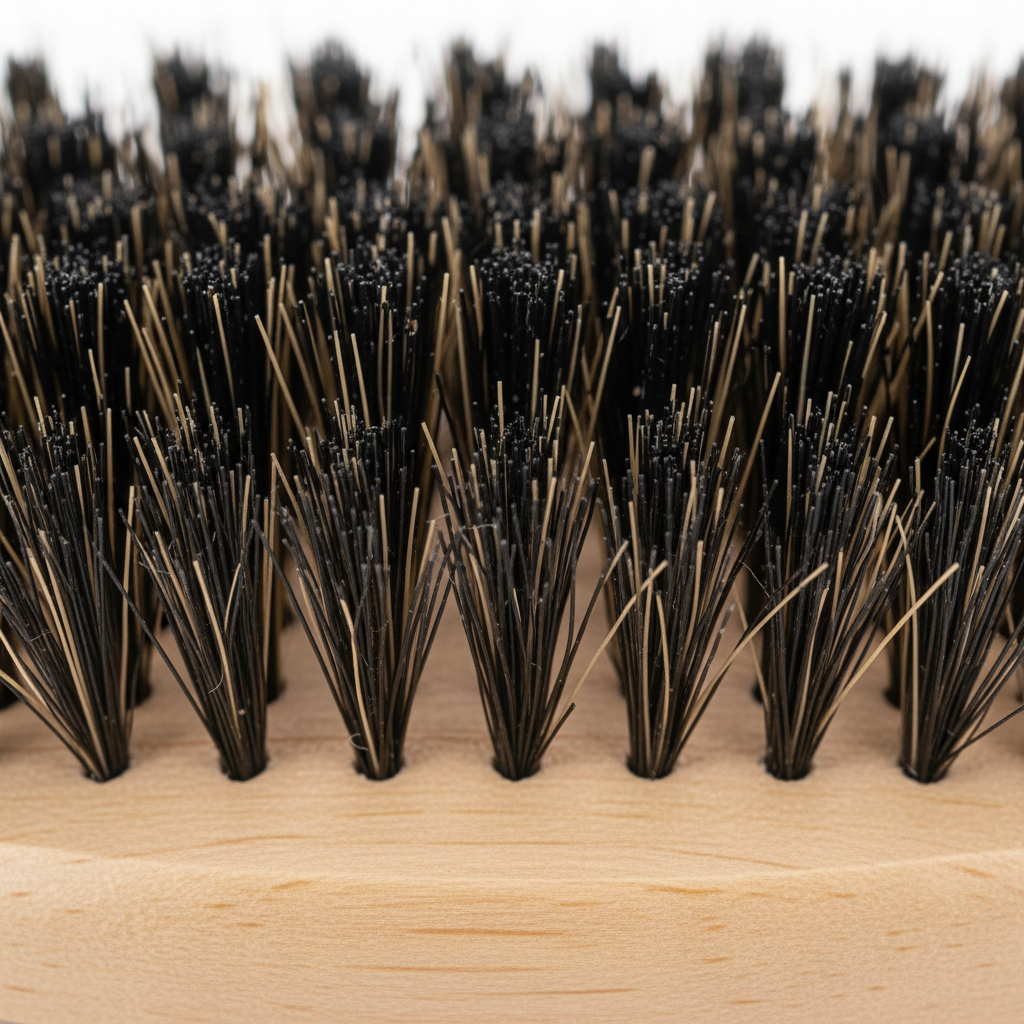 Close-up of mixed boar and nylon bristles densely packed in a light brown wooden base, designed for gentle wave training and styling textured hair by Annie International.