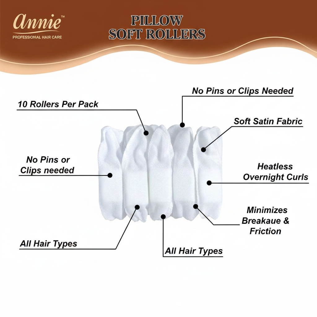 White silky satin pillow soft hair rollers arranged to highlight features such as no pins or clips needed, heatless overnight curls, and suitability for all hair types while minimizing breakage and friction.